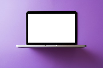 Laptop with blank screen mockup concept. Creative workspace background. - 345106251
