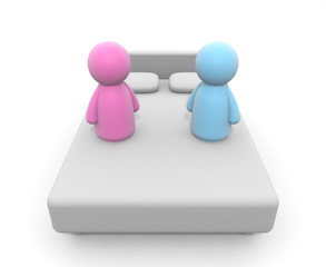 Men and women on the bed. Blue color men. A pink color woman. 3D rendering
