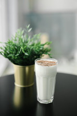 milkshake with chocolate chips on a background of black table and greenery