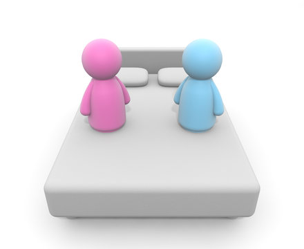 Men and women on the bed. Blue color men. A pink color woman. 3D rendering
