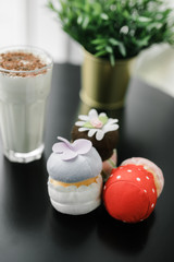 banana milkshake with chocolate chips and plush cakes