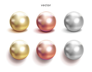 Set of pearl silver, pink or rose gold and gold spheres with glares icons isolated on white background, vector illustration.