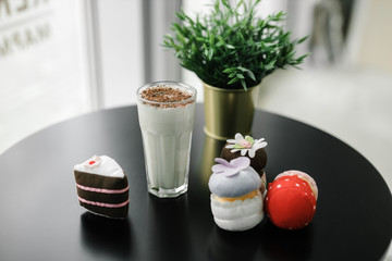 banana milkshake with chocolate chips and plush cakes