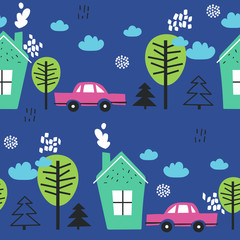 Seamless pattern, cars, houses, fir trees, trees, hand drawn overlapping backdrop. Colorful background vector. Illustration with forest. Decorative wallpaper, good for printing