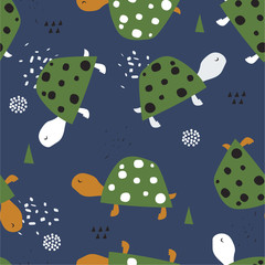 Turtles, hand drawn backdrop. Colorful seamless pattern with animals. Decorative cute wallpaper, good for printing. Overlapping background vector. Design illustration