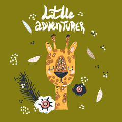 Cute giraffe flat hand drawn illustration. Giraffe character with lettering. Jungle, rainforest, savannah animal. African predator. Zoo, safari mammal. Travel postcard, kids book clipart.