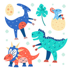 Set of little cute dinosaurs. Triceratops, T-rex, diplodocus, pteranodon, stegosaurus. Prehistoric animals. Jurassic world. Flat colourful vector illustration, art isolated on white background. © Fox._.biz