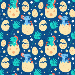 Set of little cute dinosaurs. Diplodocus, pteranodon, stegosaurus, dino eggs. Prehistoric animals. Jurassic world. Flat cartoon colourful vector hand drawn seamless pattern, texture.