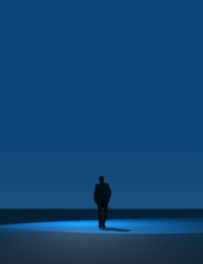 Fototapeta premium The Figure of a Man Walking Alone in a Blue Space. The Concept of Novelty, Pioneering, Business Confidence in a New Era. 3D Render.