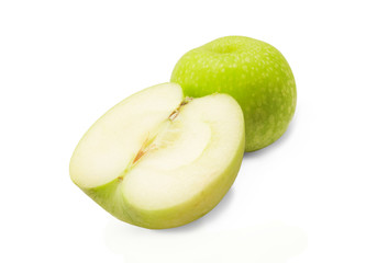 Green apple on white isolated with half cutting pieces