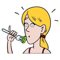blonde woman with fork looks surprised. comic, funny, diet, isolated.