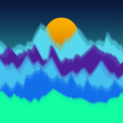 Vector colorful landscape with silhouettes of mountains and sun. Abstract nature background. Vector illustration