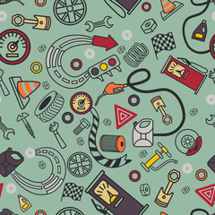 a set of seamless patterns on the theme of cars or auto services. Car parts, on a blue, grey, and blue background. Use it as a pattern for fabric or packaging, business card design or background