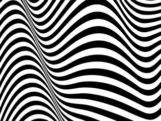 Abstract background with black and white striped, futuristic waves. Geometrical pattern. Vector illustration