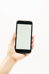 Woman's hand  holds a black phone with white screen on white background.