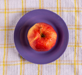 A red Apple on a purple plate on the table. Drops of water glisten on the Apple.