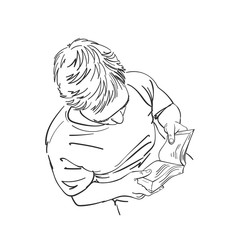 Sketch of man reading book view from above, Hand drawn vector linear illustration