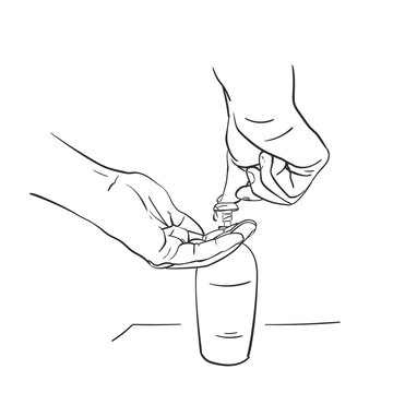 Pouring sanitizer alcohol gel onto hand for clean hygiene prevention of coronavirus outbreak, using bottle of antibacterial cleaning soap, Hand drawn linear illustration Vector sketch
