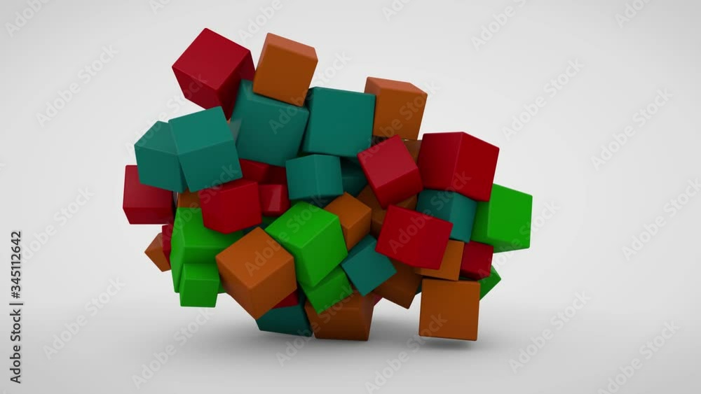 Poster 3d animation of many colored cubes on a white background that appear and transform into balls. the s