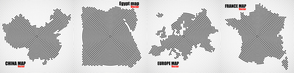 Set map of radial dots China, Egypt, Europe and France. Vector illustration - obrazy, fototapety, plakaty