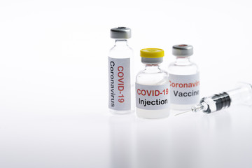 Coronavirus, covid-19 vaccine vial injection on white background