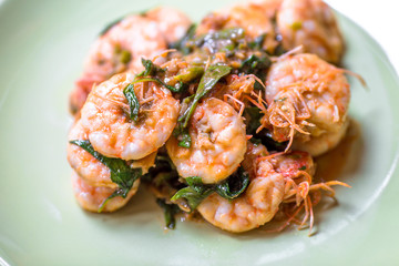 Food background, menu (spicy stir-fried shrimp) appetizing colors with steamed rice, delicious taste