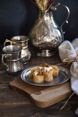 Homemade Turkish Dessert  Baklawa with Pistachio Powder.