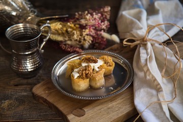 Homemade Turkish Dessert  Baklawa with Pistachio Powder.