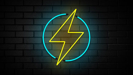 Lightning bolt icon neon on the brick background. Flash Symbol 