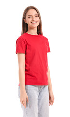 Young woman in stylish t-shirt on white background