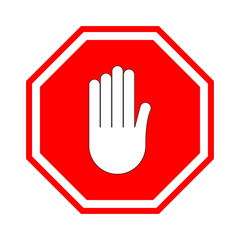 Stop sign. Red prohibitive sign with human hand in the shape of an octagon. Stop the gesture with your hand, do not enter, it is dangerous. There is no entrance. Vector