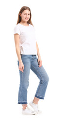 Obraz premium Young woman in stylish t-shirt on white background