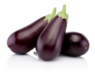 Three fresh eggplants isolated on white background