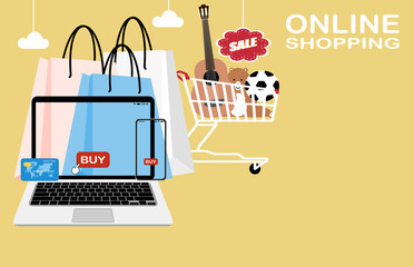 Shopping Online or online shop on Website Smartphone Laptop E-commerce concept and Digital marketing. vector Illustration.
