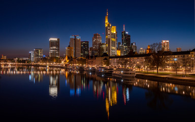 Frankfurt-am-Main, GERMANY- April 11, 2020:  Skyline of Frankfurt, Germany at night.