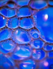 Soap transparent bubbles on a blue background.