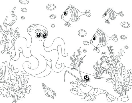 Sea world. Octopus with a lobster. Coloring. Black on white .Vector illustration.