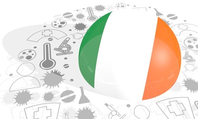 Circle frame with medicine icons and tags. Coronavirus virus danger relative illustration. Flag of the Ireland. 3D rendering.