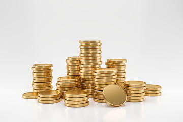 Stack of golden coins on white background with earning profit concept. Gold coins or currency of business. 3D rendering. - obrazy, fototapety, plakaty