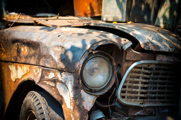 Old broken rusty car. Rust on metal of vintage automobile