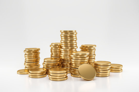 Stack of golden coins on white background with earning profit concept. Gold coins or currency of business. 3D rendering.