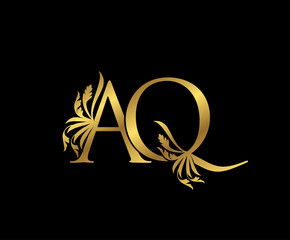 Classy Gold AQ Letter Floral logo. Vintage drawn emblem for book design, weeding card, brand name, business card, Restaurant, Boutique, Hotel. 