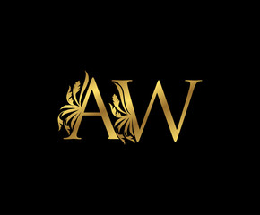 Classy Gold AW Letter Floral logo. Vintage drawn emblem for book design, weeding card, brand name, business card, Restaurant, Boutique, Hotel. 