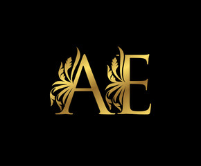 Classy Gold AE Letter Floral logo. Vintage drawn emblem for book design, weeding card, brand name, business card, Restaurant, Boutique, Hotel. 