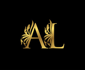 Classy Gold AL Letter Floral logo. Vintage drawn emblem for book design, weeding card, brand name, business card, Restaurant, Boutique, Hotel. 
