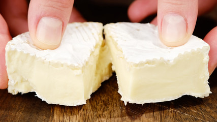 breaking soft cheese camembert or brie in the hands. white mold cheeses with soft textures