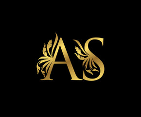 Classy Gold AS Letter Floral logo. Vintage drawn emblem for book design, weeding card, brand name, business card, Restaurant, Boutique, Hotel. 