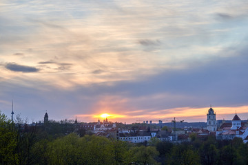 Vilnius city landscape in the evening at sunset time. 