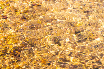 Golden mountain stream with beautiful stones and clear water