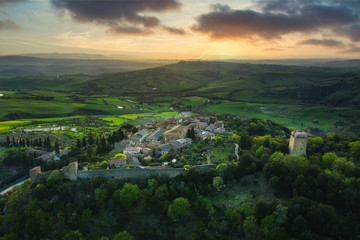 Spring flying on the landscape at sunset over blooming fields